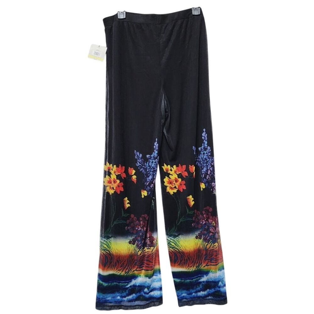 John Mark Ladies Black Mesh Overlay Flowy Pants w/ Bright Patterned Pants, M